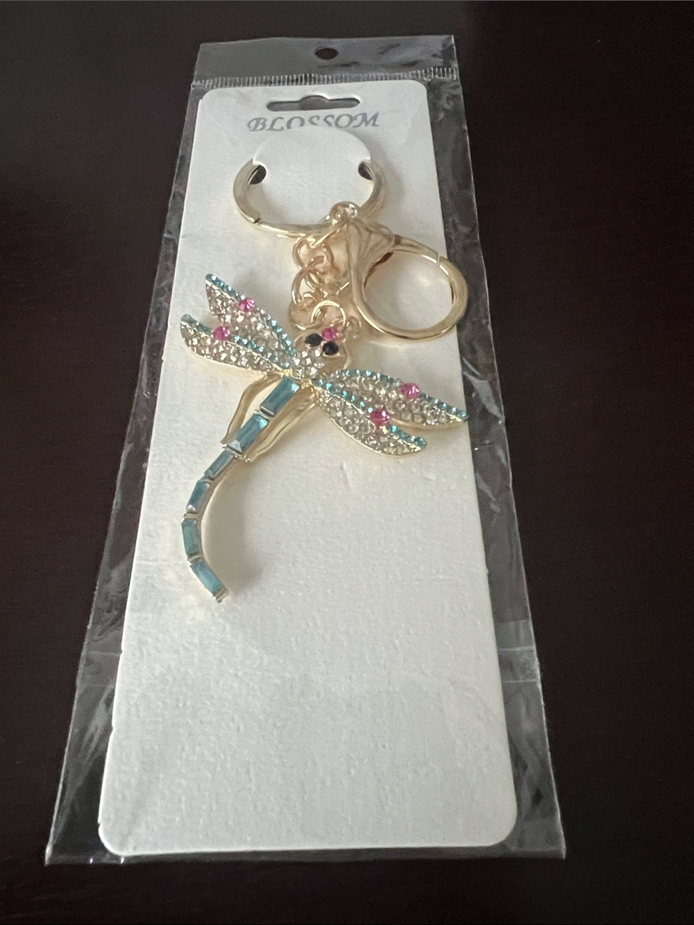 BloomChic Gold Dragonfly Keychain with Aqua and Pink Crystals